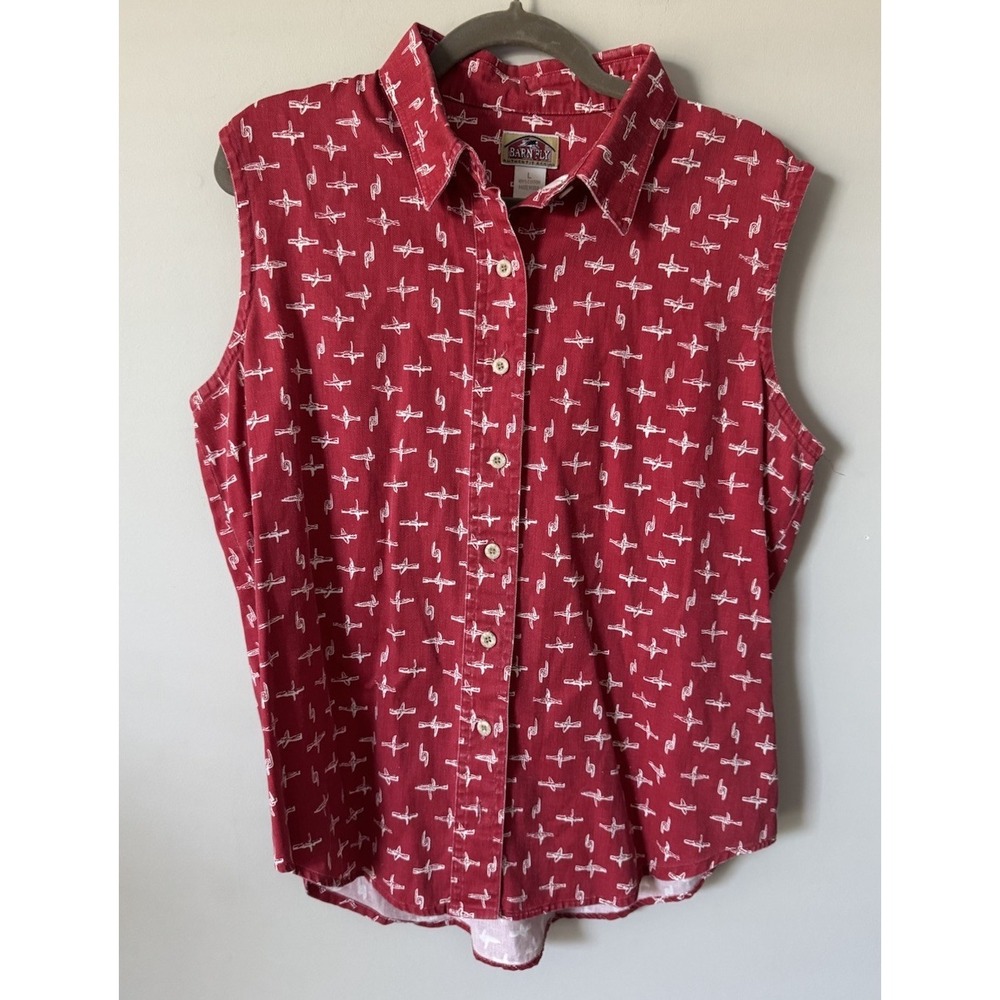 VTG 90s Y2K Barn Fly Sleeveless Top Red Western Barbed Wire Print Size Large